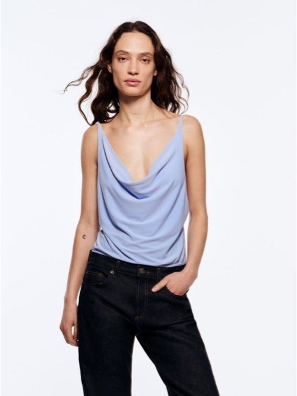 Zara Pale Blue Draped Cowl-Neck Bodysuit